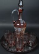 20TH CENTURY CRANBERRY GLASS DECANTER TRAY AND GLASSES