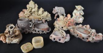 COLLECTION OF CHINESE SOAPSTONE ORNAMENTS & POTS