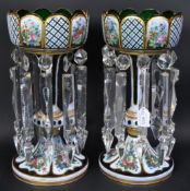 PAIR VICTORIAN BOHEMIAN GREEN GLASS & ENAMEL LUSTRES