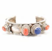 SILVER LAPIS LAZULI & RED CORAL BANGLE BRACELET