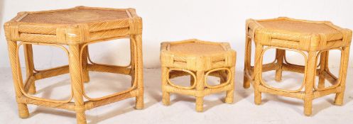 RETRO VINTAGE WICKER BAMBOO HEXAGONAL NEST OF THREE GRADUATING TABLES