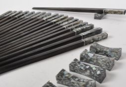 TEN PAIRS OF ABALONE SHELL CHOP STICKS W/ HOLDERS
