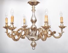 20TH CENTURY CARVED WOOD SILVER GILT CHANDELIER