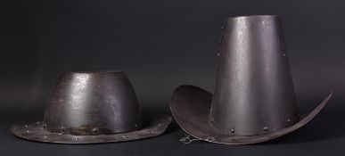 TWO 20TH CENTURY RE-ENACTMENT ENGLISH CIVIL WAR STYLE HELMETS