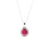 18CT WHITE GOLD RUBY & DIAMOND PENDANT NECKLACE