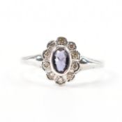 HALLMARKED 9CT WHITE GOLD IOLITE & DIAMOND RING
