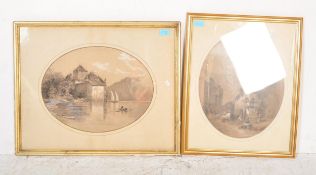 PAIR OF CONTINENTAL PEN & INK PASTEL ARCHITECTURAL STUDIES