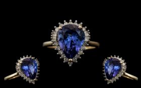 Ladies 9ct Gold - Superior Quality Tanzanite and Diamond Set Cluster Ring.