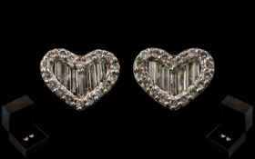 18ct White Gold - Fine Pair of Heart Shaped Diamond Set Earrings.