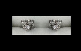 Ladies 18ct White Gold Pair of Attractive Diamond Set Earrings ' Shamrock ' Design.