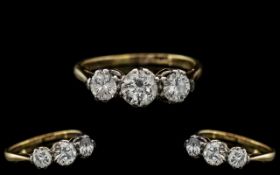 Ladies 18ct Gold - Platinum 3 Stone Diamond Set Ring, Gallery Setting.