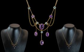 Victorian Period 1837 - 1901 Superb Quality 9ct Gold Exquisite Amethyst and Aquamarine Set Pendant