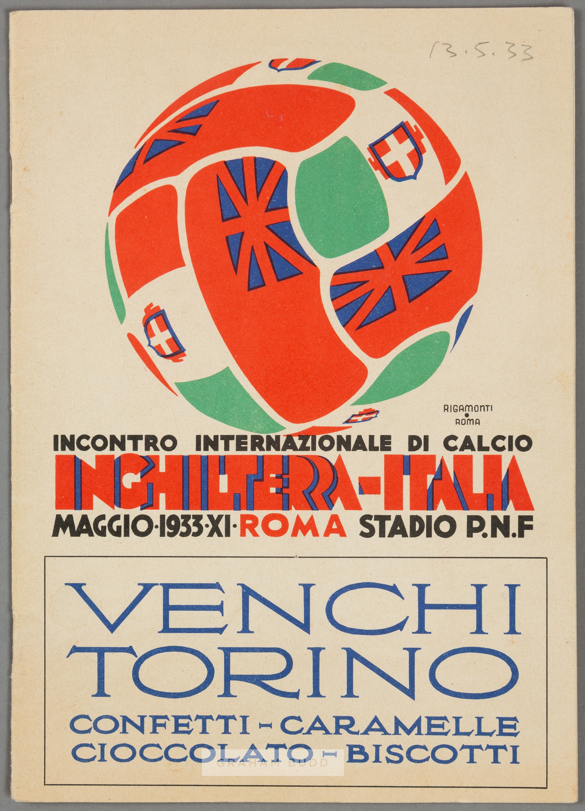 Italy v England international programme played at the National Stadium, Rome, 13th May 1933, 24-page
