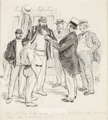 Drawing depicting the cricketers W G Grace, KS Ranjitsinhji and Johnny Briggs, circa 1890s. Pen