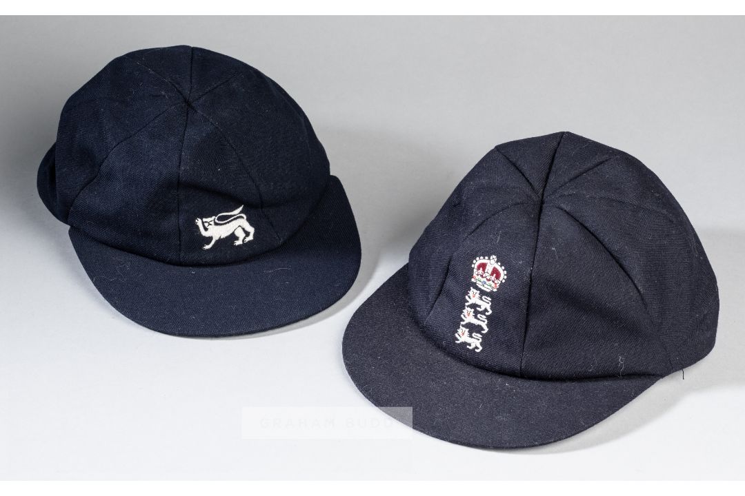 Two England caps for Test Match and ODI cricket, the first navy cap for a Home series, embroidered