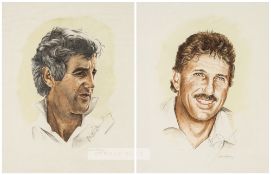 Two David Stallard watercolours of former England cricket captains Mike Brearley and Ian Botham,