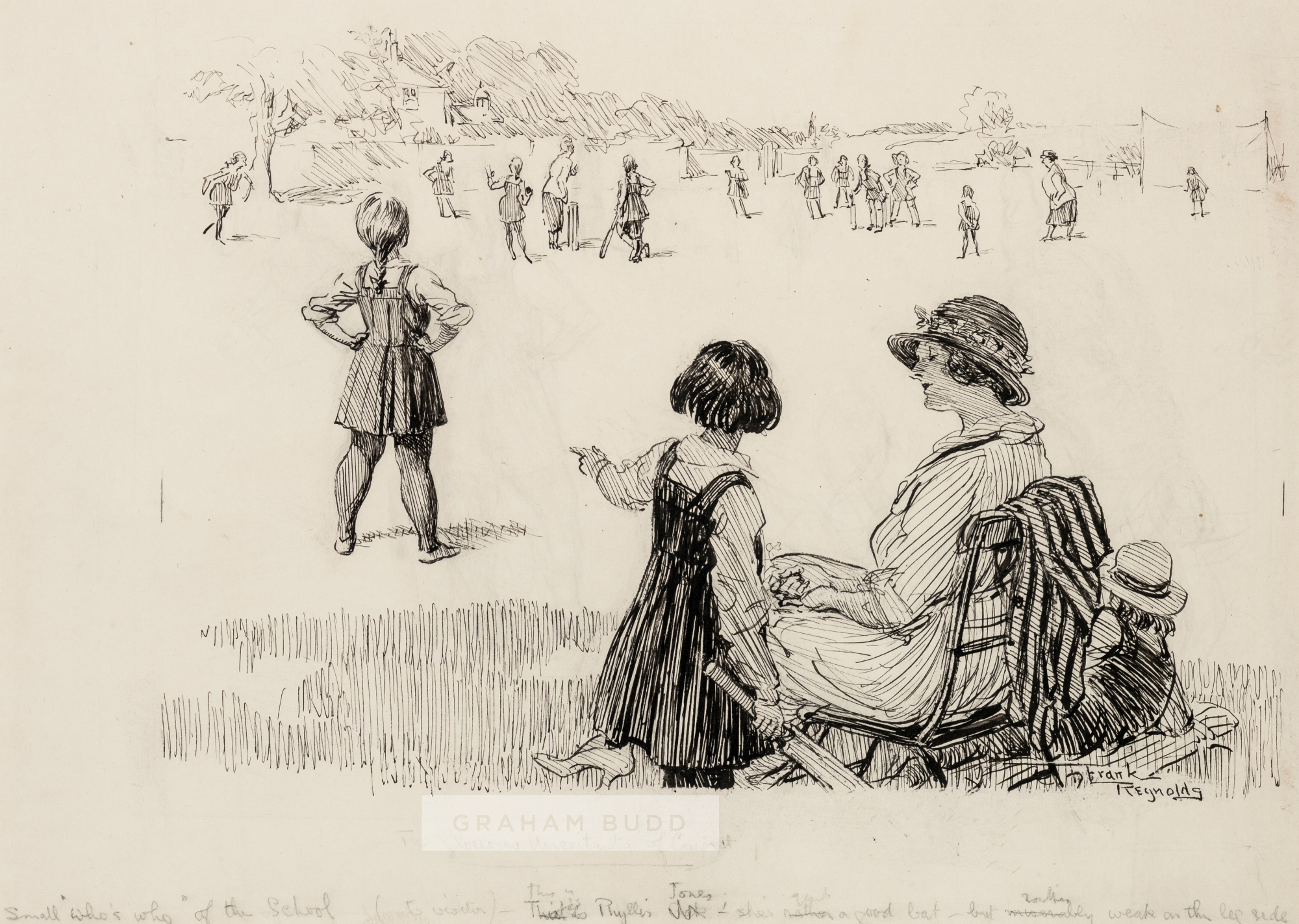 Frank Reynolds (British, 1876-1953) "The Glorious Uncertainty of Cricket", circa 1930s. Pen and