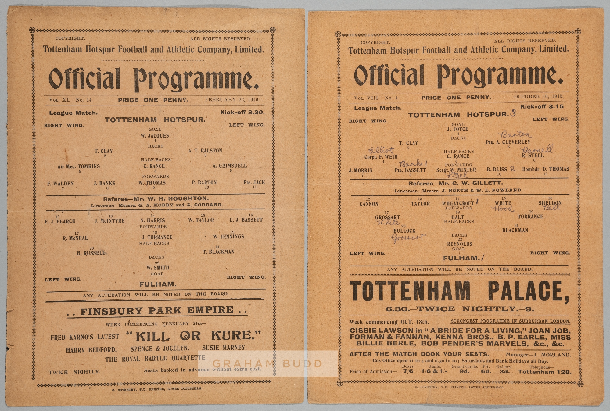 Two Tottenham Hotspur wartime match programmes v Fulham,  comprising v Fulham 16th October 1915