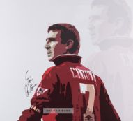 A signed Eric Cantona print on canvas depicting the iconic image of him with his Manchester United