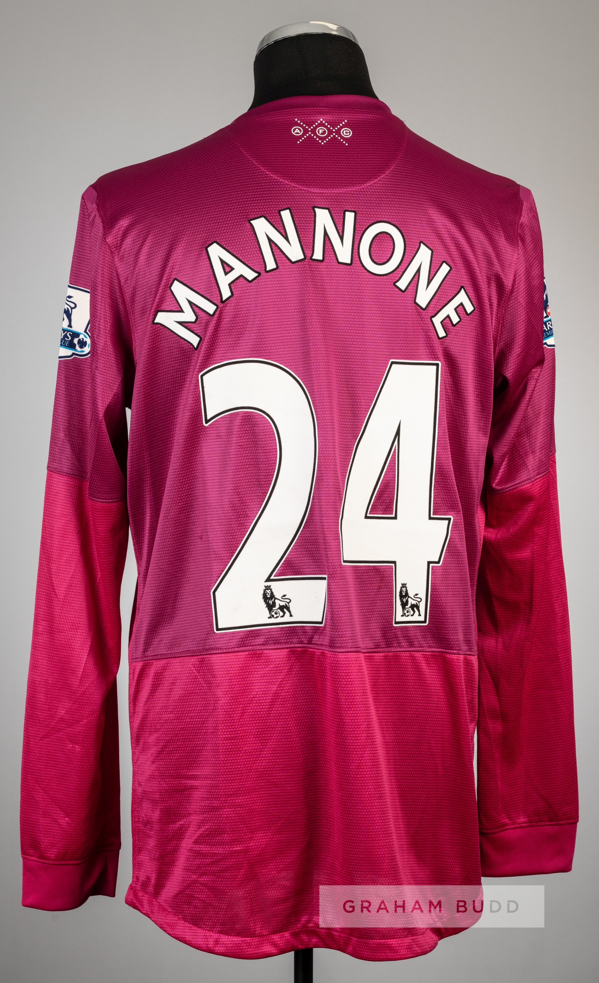 Vito Mannone pink Arsenal no.24 goalkeeper's away jersey, season 2012-13, Nike, long-sleeved with