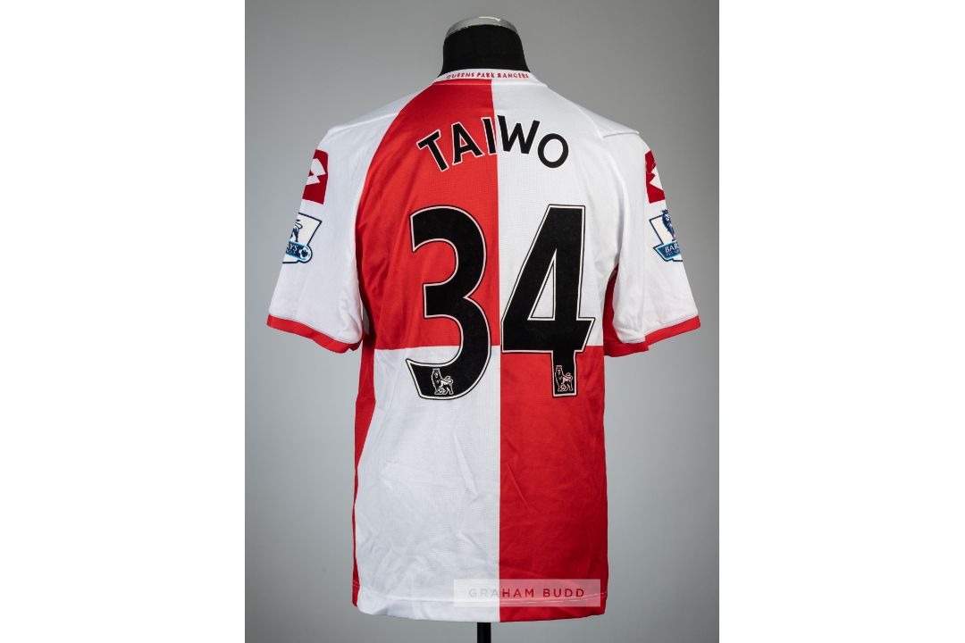 The red and white quartered Queen's Park Rangers no.34 third choice jersey worn by Taye Taiwo in the - Image 1 of 2