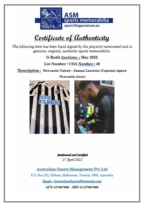 Jamaal Lascelles (captain) signed black and white Newcastle United replica home jersey 2018-19, - Image 2 of 2