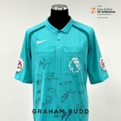 Multi signed blue Premier League referee jersey, season 2021-22, match-issue, Nike, short-sleeved
