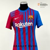 Memphis Depay squad signed red and blue Barcelona no.9 home jersey, season 2021-22, match-issue,