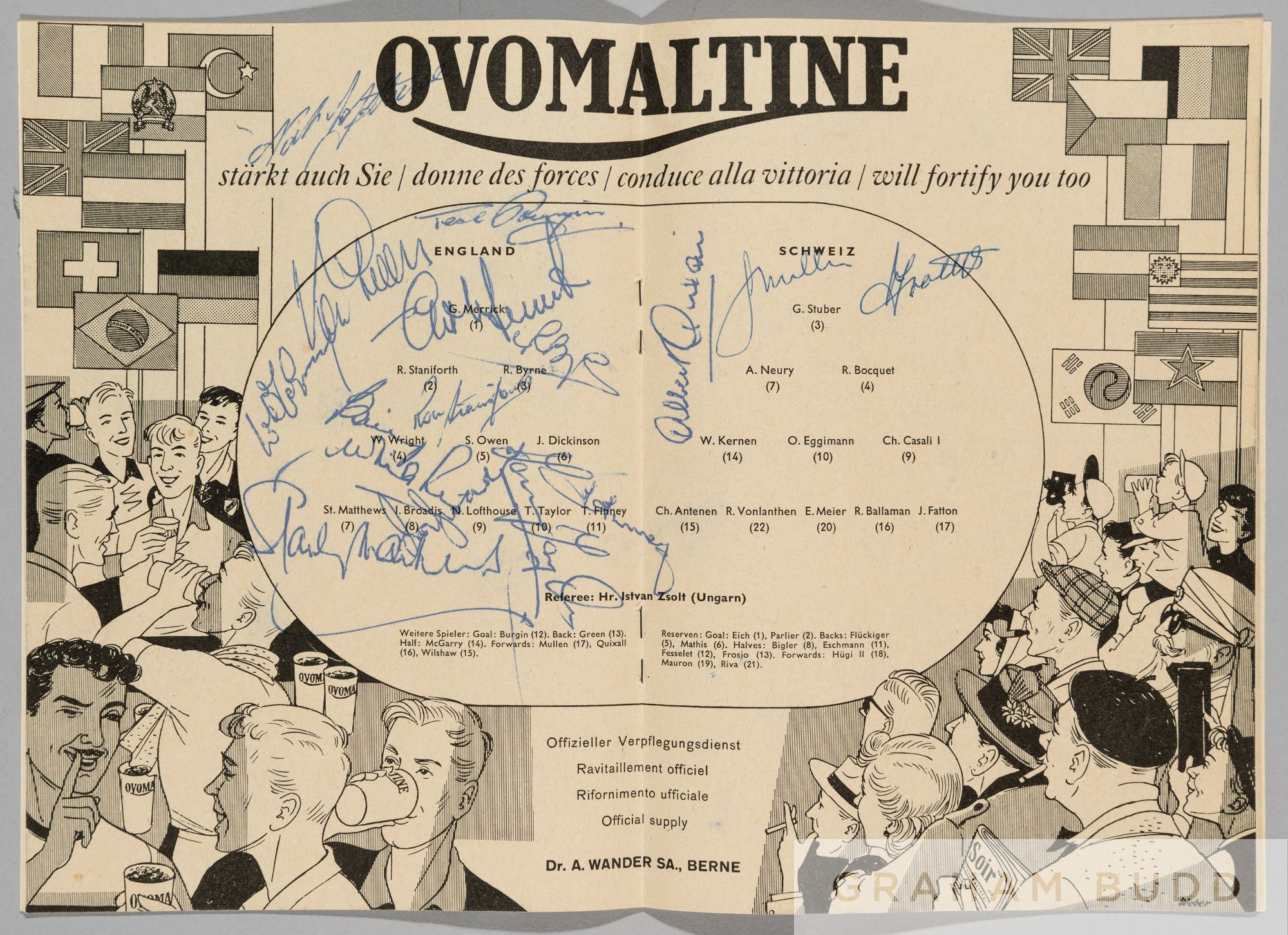 1954 World Cup programme signed by the England team in the Group 4 match v Switzerland played in