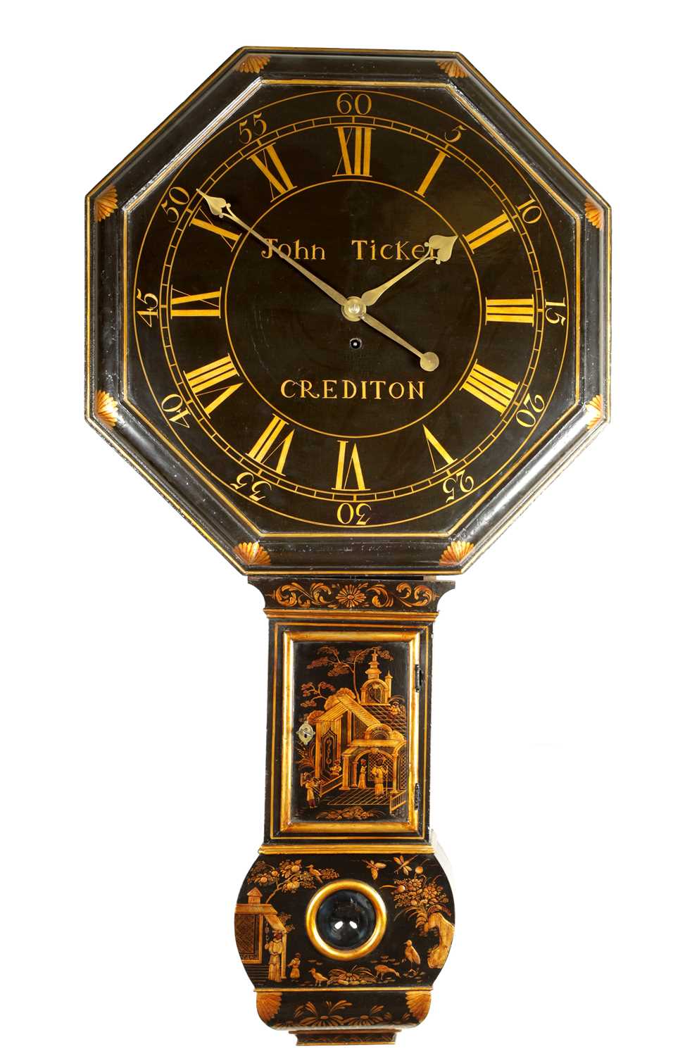 JOHN TICKELL, CREDITON. A RARE EARLY 18TH CENTURY LACQUERED CHINOISERIE TAVERN CLOCK OF LARGE SIZE