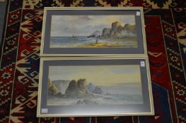 A pair of seascapes, watercolours, one signed.