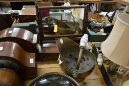 A 19th century mahogany dressing table mirror and a brass coal bucket.