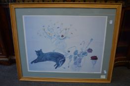 Elizabeth Blackadder, a colour print depicting a cat by vases of flowers, signed to the margin.