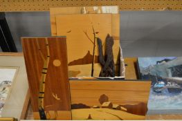 A group of four inlaid Russian marquetry panels, plus a painted poker work picture and a wooden