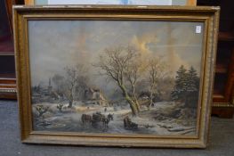 A winter landscape colour print.