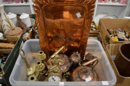 A quantity of copper and brass ware together with an ormolu mantle clock (movement replaced).