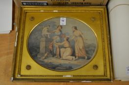 A pair of classical coloured engravings depicting young ladies in a garden setting, oval in