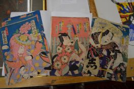 Three Japanese Meiji period triptych woodblock prints depicting Kabuki theatre plays, unframed.
