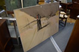 Yves Bage, Belgian, L'Indienne, a scene of figures embracing, mixed media 43ins x 59ins.