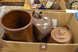 A salt glazed container, a similar jug and terracotta bowl and cover.