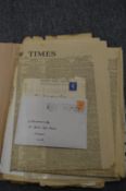 Various early issues of The Times and letters containing old stamps.