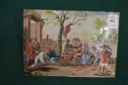 An enamel plaque, figures playing boules.