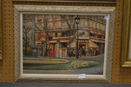 Dan Myers, a street scene with figures and buildings, oil on board, signed and dated '53.