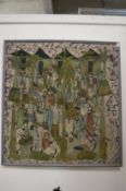 A batik painting of numerous figures in a street scene.