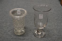 A hobnail cut celery vase and an engraved celery vase.