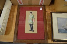 A watercolour painting of an elderly man wearing a green tunic, a sword at his side, initialled