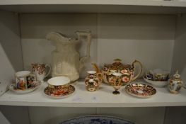 Decorative china to include a Derby teapot, a relief moulded jug etc.