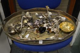 A plated twin handled tray and various other items.