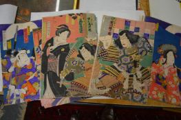 Three Japanese Meiji period triptych woodblock prints depicting Kabuki theatre plays, unframed.