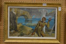 An unusual painting depicting a naked man seated by a river, oil on board.